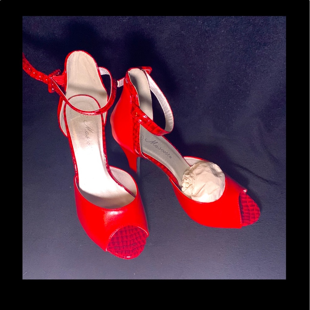 Red open strap heels